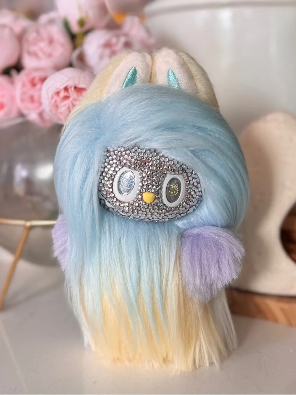Custom handmade mixed color long hair with rhinestone face Labubu. 17cm